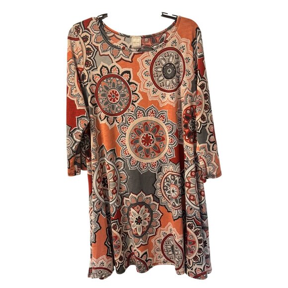 Boho-Chic 3/4 Sleeve Tunic Top By Hershe Sz L L Soft Mandala Print Orange & Gray - Picture 4 of 11